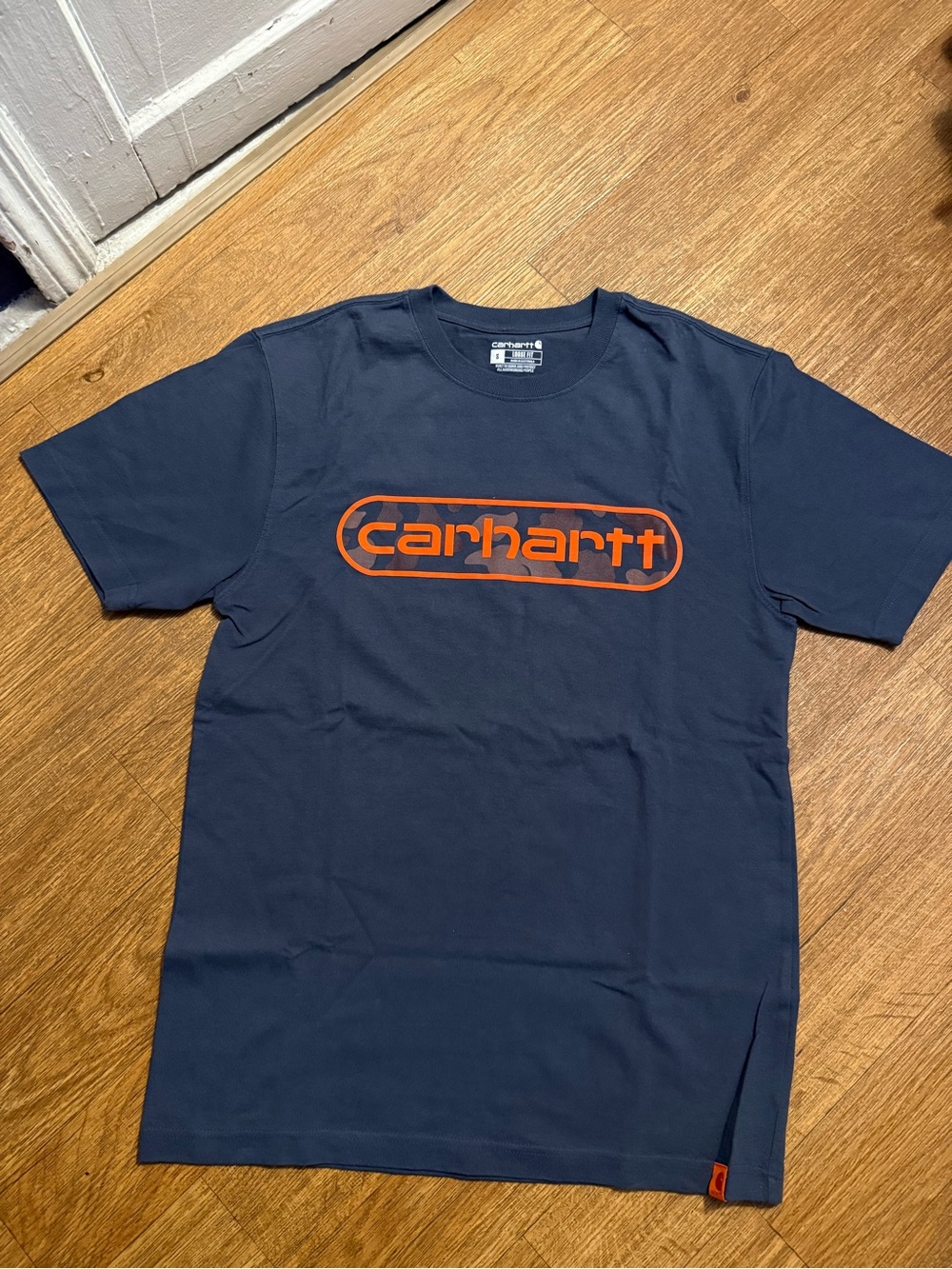 Carhartt Navy Short Sleeve Tee with Orange Logo